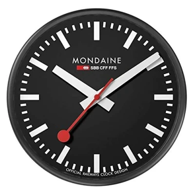 Image of Mondaine Wall Clock A990.CLOCK.64SBB 25cm Official Swiss Railways Red Second Hand Black Aluminium Casing Dust Resistant Clocks