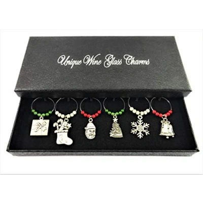 Image of Libby&#039;s Market Place Set of 6 Christmas Time Wine Glass Charms with Gift Box