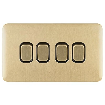 Image of Schneider Electric Lisse Screwless Deco 4 Gang 2 Way Light Switch, 10AX, GGBL1042BSB, Satin Brass with Black Insert