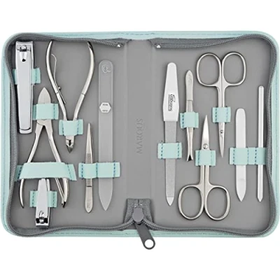 Image of marQus Manicure sets For women &amp; men, 12 pcs set from Solingen Germany incl. nail nippers glass file set, pedicure kit natural, ceramic painted nails