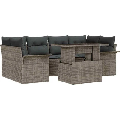 Image of vidaXL 7 Piece Garden Sofa Set with Cushions Grey Poly Rattan
