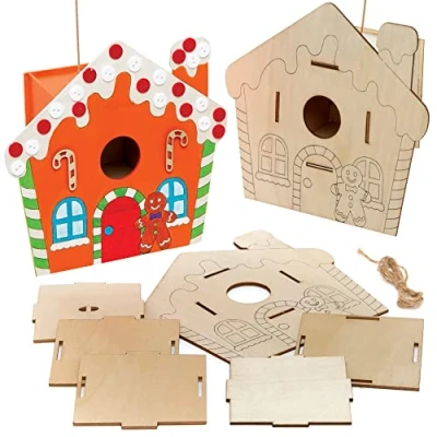 Image of Baker Ross FE927 Gingerbread Wooden Bird House Kits Pack of 2, Wood Crafts to Decorate and Display, Garden for Personalised Arts Projects, Make Your Own Kids