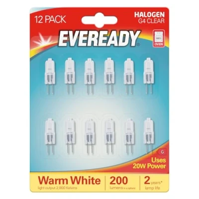 Image of Eveready G4 Halogen Light Bulbs, 20W, 12V, 2 Pin Base, Clear Capsule, Warm White, Dimmable, 12 Pack