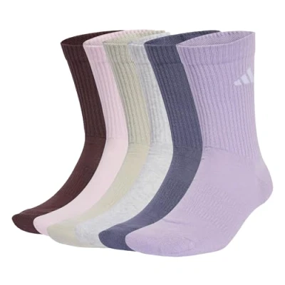 Image of adidas Unisex CUSHIONED CREW SOCKS 6 PAIR PACK, Aurora Ruby/Preloved Violet/Powder Plum/Light Grey Heather, 5 Years