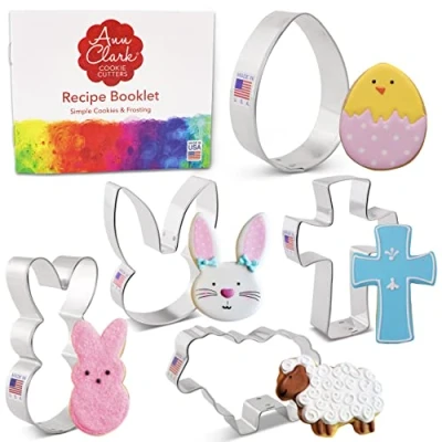 Image of Easter Cookie Cutters 5 Pc. Set Made in USA by Ann Clark, Egg, Bunny, Bunny Face, Holy Cross, Lamb