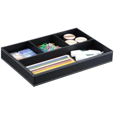 Image of KINGFOM Leather Desk Drawer Tray Organiser, Black