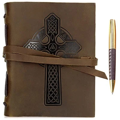 Image of Leather Journal Celtic Cross Notebook Embossed Handmade Travel Diary, A5 Vintage Writing Bound for Men &amp; Women Antique Rustic 6x8&quot; Engraved Prayer