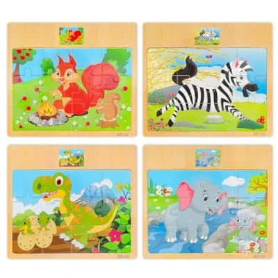 Image of ACQUWISTACH 12 Pieces Colourful Wooden Animals Puzzle Educational Set for 2 5 Years（4 Puzzles）