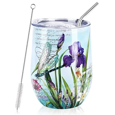 Image of NymphFable 12oz Dragonfly Wine Tumbler with Lid and Straw Stemless Insulated Glass Stainless Steel Double Wall