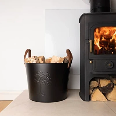 Image of Charles Bentley Snug Mulberry Large Leather Handle log Bucket Iron Black Matte Timeless Style, Tree Logo, 6kg capacity, Rustic, Powder Coated Finish, Fireside, 2.2kg Weight (45x45x35cm)