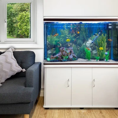 Image of MonsterShop Large Fish Tank White 4ft 300L 65 Gal Aquarium Marine Tropical Saltwater Freshwater. Cabinet Storage Stand. Gravel. Filter, Air Pump, Heater, LED Light Accessories…