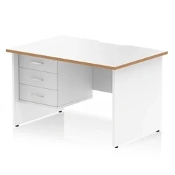 Image of Oslo 1200 x 800mm Edge Office Desk White Top Natural Wood Panel End Leg Workstation 1 3 Drawer Fixed Pedestal