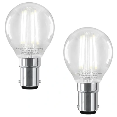 Image of Long Life Lamp Company LED Filament Golf Ball Light Bulb B15 Cool White Clear Glass Small Bayonet SBC 4w Pack of 2
