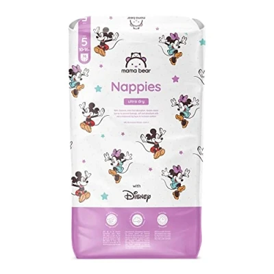 Image of Amazon Brand Mama Bear Disney Ultra Dry Nappies, Size 5 (10 16 kg), 76 Count, White