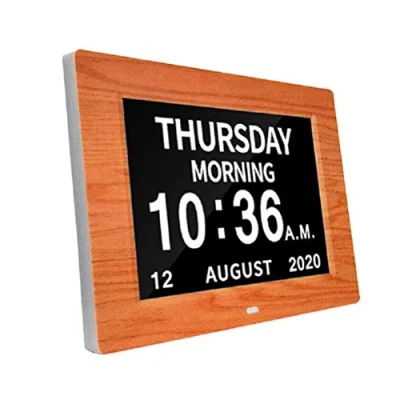 Image of Digital Calendar Day Clock Photo Frame Auto Dimmable Display 12 Alarm Options,Extra Large Impaired Vision with Non Abbreviated &amp; Month (8 inch woodgrain)