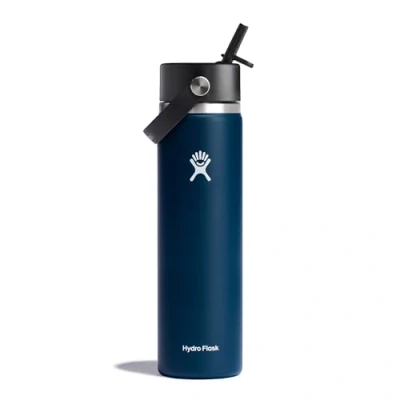Image of HYDRO FLASK Water Bottle 709 ml (24 oz) Vacuum Insulated Stainless Steel with Flex Straw Cap BPA Free Wide Mouth Indigo
