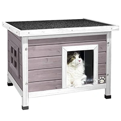Image of VOUNOT® Cat House Garden Wooden Kitten Home with Water resistant Openable Roof, Privacy Window Outdoor Pet Shelter 57x45x43cm, Grey