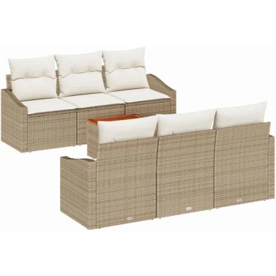Image of vidaXL 7 Piece Garden Sofa Set with Cushions Beige Poly Rattan Acacia