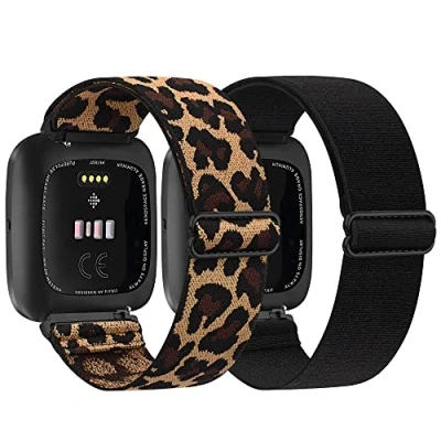 Image of AMCC 2 Pack Straps Compatible with Fitbit Versa Strap/Fitbit Strap for Women/Men, Stretchy Adjustable Nylon Stylish Replacement Elastic Wristband Lite (Black,Leopard)