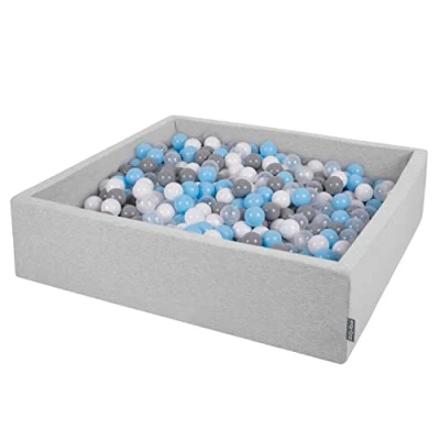 Image of KiddyMoon Soft Ball Pit Square 120X30cm/300 Balls ∅ 7Cm / 2.75In For Kids, Foam Pool Baby Playballs Children, Made In EU, Light Grey:Grey/White/Transparent/Babyblue