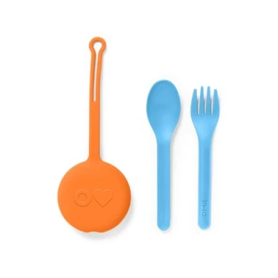 Image of OmieBox Kids Utensils Set with Case 2 Piece Plastic, Reusable Fork and Spoon Silverware Pod for Kids, Travel, Lunch Boxes (Sunrise)