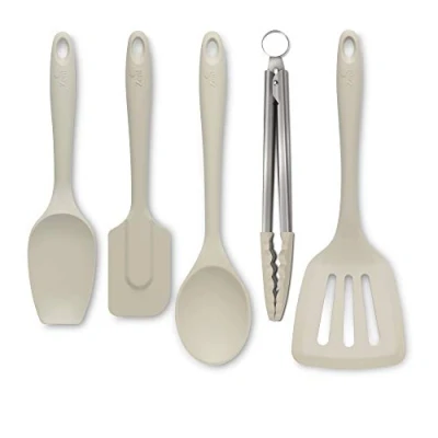 Image of Zeal JSET45C Non Stick Silicone Tongs, Turner, Spatula Cook Spoon 5 Piece Set Cream