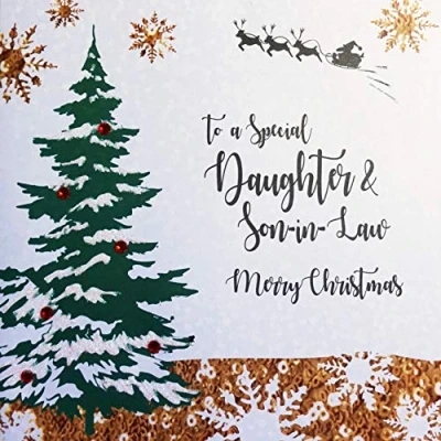 Image of White Cotton Cards XF5 DS Large&quot;to a Special Daughter and Son in Law Merry Christmas&quot; Handmade Christmas Card,blackbeigegreybrown
