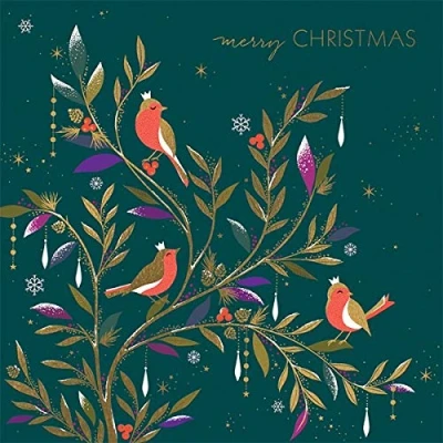Image of Christmas Card Box. Three Robins by Sara Miller. 8 Foiled and Embossed Cards. Size 16 x cm Standard Postage