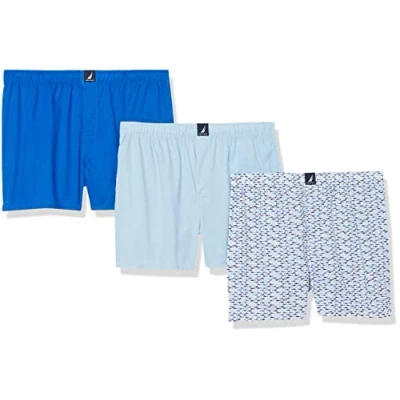 Image of Nautica Men&#039;s Cotton Woven 3 Pack Boxers Shorts, Noon Blue/Spinner Blue/Shark Print Peacoat, M