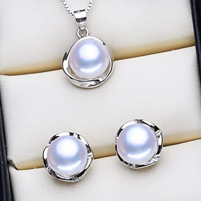 Image of Pearl Jewelry Sets Natural Freshwater Necklaces For Women 925 Sterling Silver Stud Earrings Classic Round Pendant
