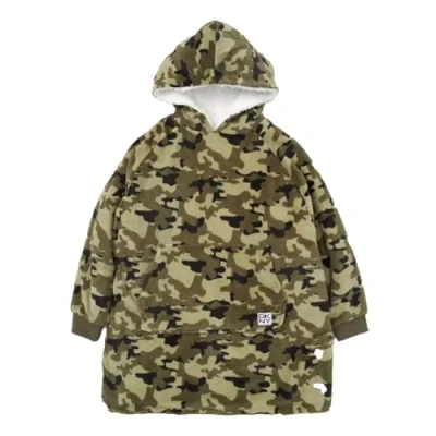 Image of DKNY Kids Oversized Hoodie with Fluffy Sherpa Fleece Lining, Slouch Sleeves, Kangaroo Pocket, Cozy Warm Winter Sweatshirt for Boys &amp; Girls (UK, Age, 7 Years, 12 Regular, Camo)
