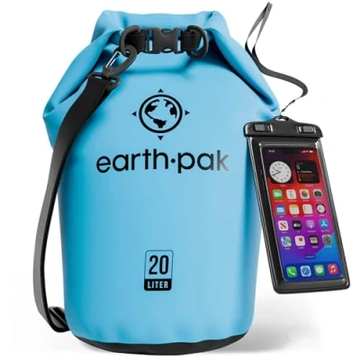 Image of Earth Pak Waterproof Dry Bag Roll Top Sack Keeps Gear for Boating, Hiking, Camping and Fishing with Phone Case (Light Blue, 20L)