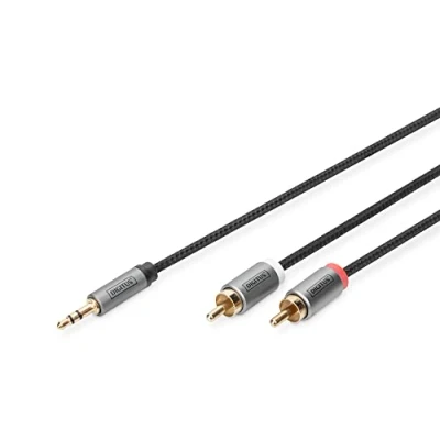 Image of Digitus audio adapter cable 3.5mm jack to 2x RCA aux stereo gold plated contacts braided 1m black for systems, home cinema, soundbar, computer
