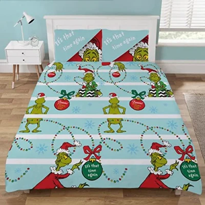 Image of Coco Moon The Grinch Reversible Single or Double Bed Size Duvet Cover and Pillow Set for Kids Ideal Prime Gift (Double, White &amp; Blue)