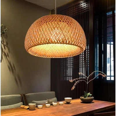 Image of Hanging Lamp Vintage Pendant Light E27 Chandelier Industrial Natural Bamboo Woven Height Adjustable Dining Room Study Living Cafe Bedroom Decoration Ceiling Light,45cm