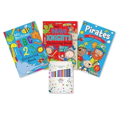 Image of Anilas Boys Pirate &amp; Brave Knights Sticker Activity Colouring Books with Educational Book and Free Pencils or Felt Tip Pens (Perfect for Ages 4 8) (Pencils)