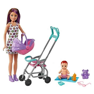 Image of Barbie Skipper Babysitters Inc. Playset with Babysitter Doll (Brunette), Stroller, Baby &amp; 5 Accessories, Toy for 3 Year Olds Up, GXT34