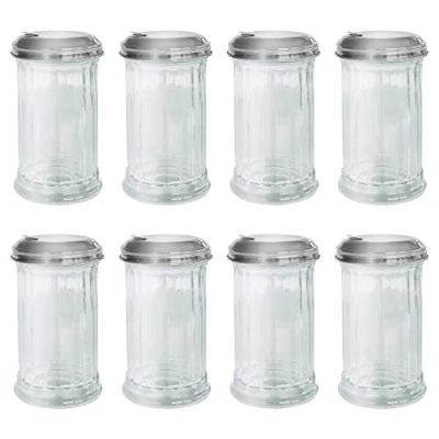 Image of Lucenté Set of 8 Sugar Dispensers Stylish Retro Glass &amp; Stainless Steel Pourers with Functional Flip Top Opening 13.5cm (H) x 7.5cm (W) Suitable for Domestic Commercial Settings.