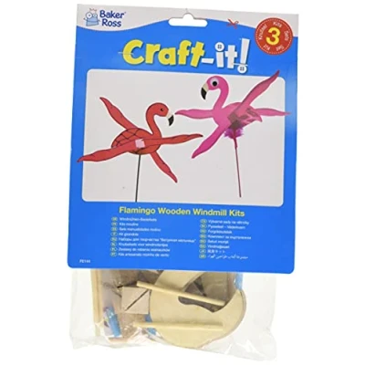 Image of Baker Ross FE144 Flamingo Wooden Windmill Kits Pack of 3, for Kids Arts and Crafts Projects, Children to Decorate, Personalise Display
