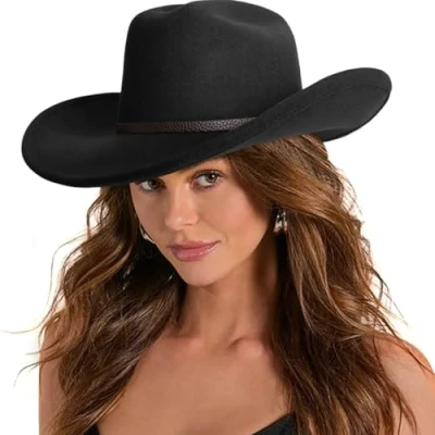 Image of DRESHOW Cowboy Hat Adults with Shapeable Classic Wide Brim Felt Cattleman Western Hats for Men Women Buckle Belt Unisex Rolled up Caps