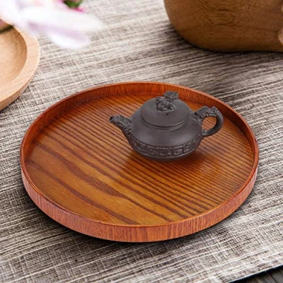 Image of Round Natural Wooden Tray Brown Coffee Snack Food Meals Transfer Multipurpose Serving for Cafe Restaurant Hotel Home Shop (33cm)