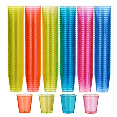 Image of MATANA 300 Plastic Shot Glasses, Neon (30ml / 1oz) Reusable Glasses Plastic, Glass, Jelly Shots, Sample Tasting Cups for Parties, Birthdays, Weddings, Stag, Hen Parties
