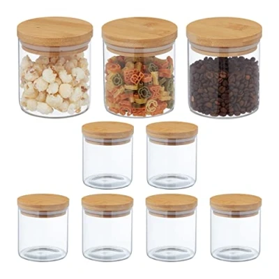 Image of Relaxdays 9X Storage Jars with Bamboo Lids, Glass Containers, 500 ml, Airtight, HxD: 10 x 10.5 cm, Transparent/Natural