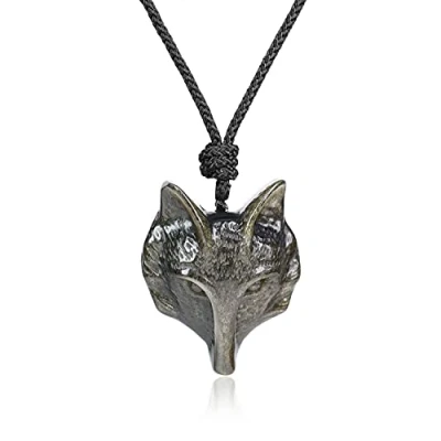 Image of COAI Men&#039;s Viking Wolf Necklace Golden Obsidian for Men Crystal