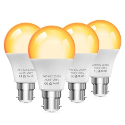 Image of Lamptobe Bayonet Light Bulbs, 2000K Amber Hue Warm Globe A19 BC B22 9W(60 Watt Equivalent) Blue Blocking for Bedroom,Healthy Sleep, Baby Nursery Light, 4 Pack