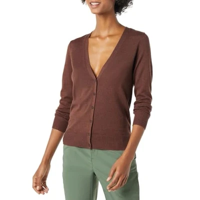 Image of Amazon Essentials Women&#039;s Lightweight V Neck Cardigan Jumper (Available in Plus Size), Dark Chestnut Brown Heather, XL