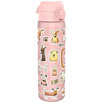 Image of ION8 500ml Water Bottle, BPA Free, Leakproof, Dishwasher Safe, Easy Open, Secure Lock, Clear Drinks Bottle for Boys &amp; Girls, Small Gym Sports Drinking 500ml, Pink, Dogs Design