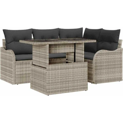Image of vidaXL 5 Piece Garden Sofa Set with Cushions Light Grey Poly Rattan