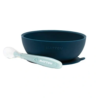 Image of Nattou Silicone Tableware for Kids, Non Slip Bowl + Spoon, BPA Free, Silicone, Navy/Light Blue