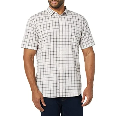 Image of Amazon Essentials Men&#039;s Slim Fit Short Sleeve Poplin Shirt, Pink White Buffalo Plaid, L